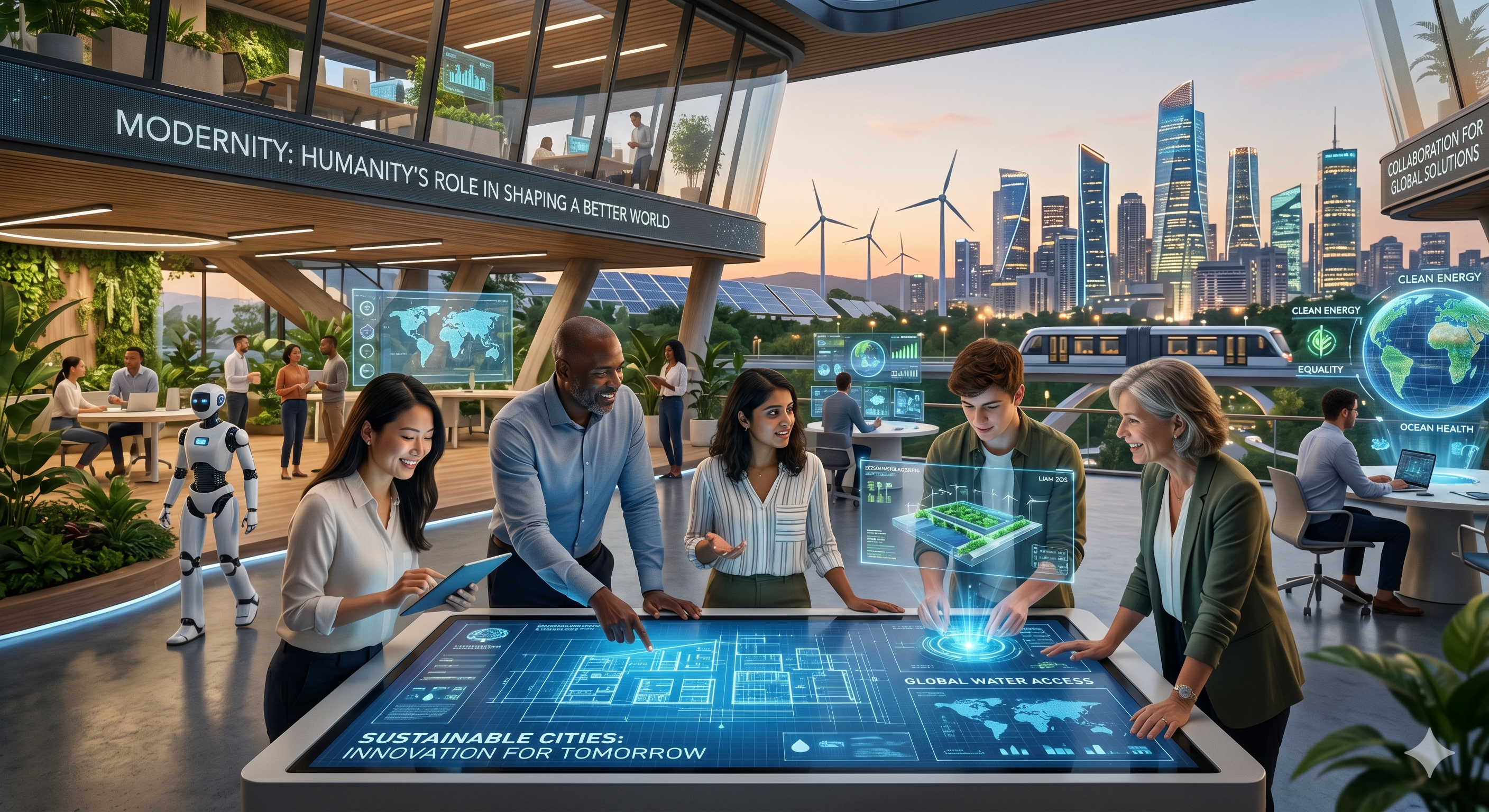 Modernity — humanity collaborating around a holographic interface, a sustainable futuristic city in the background